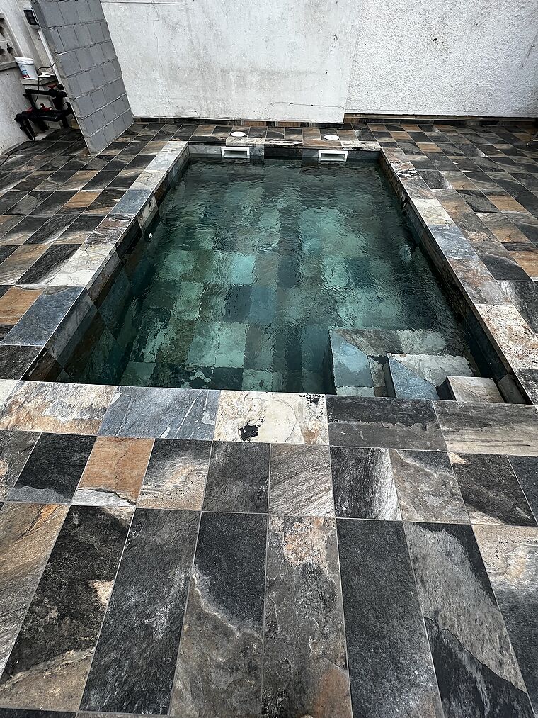 Our project for a contemporary swimming pool with exotic accents.